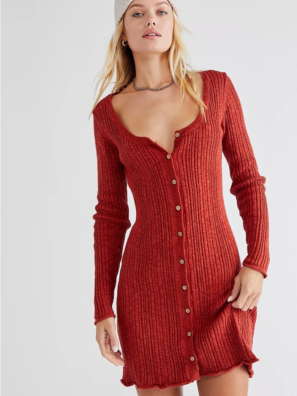 FP Beach Ribbed Button-Front Knit Dress in Rust